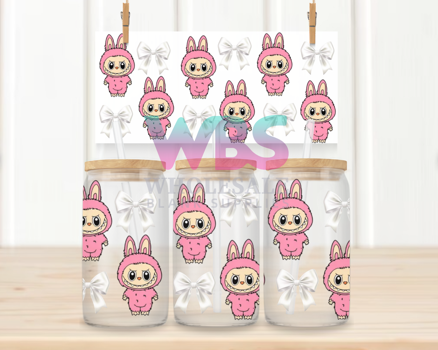 16oz UV DTF Libbey Wrap Pink Labubu White Bow Kids #W64