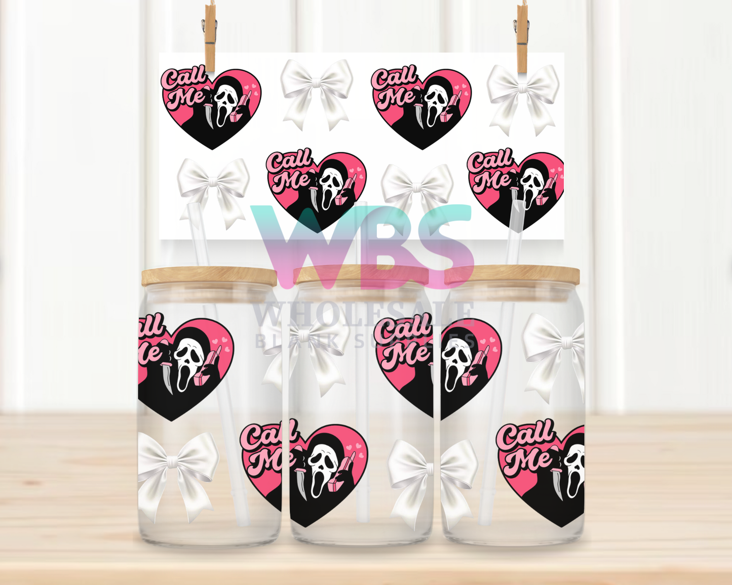 16oz UV DTF Libbey Wrap – Scream face bows CALL ME  hearts #W59