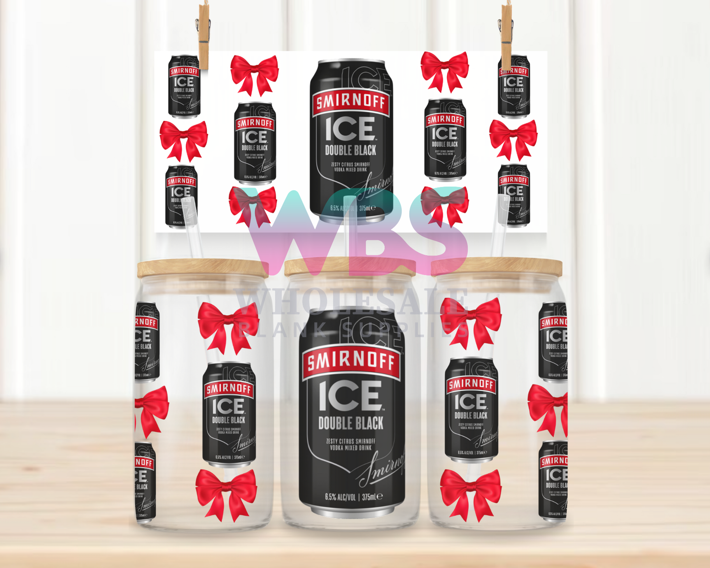16oz UV DTF Libbey Wrap Smirnoff ICE Double Black Cans Red Bow #W104