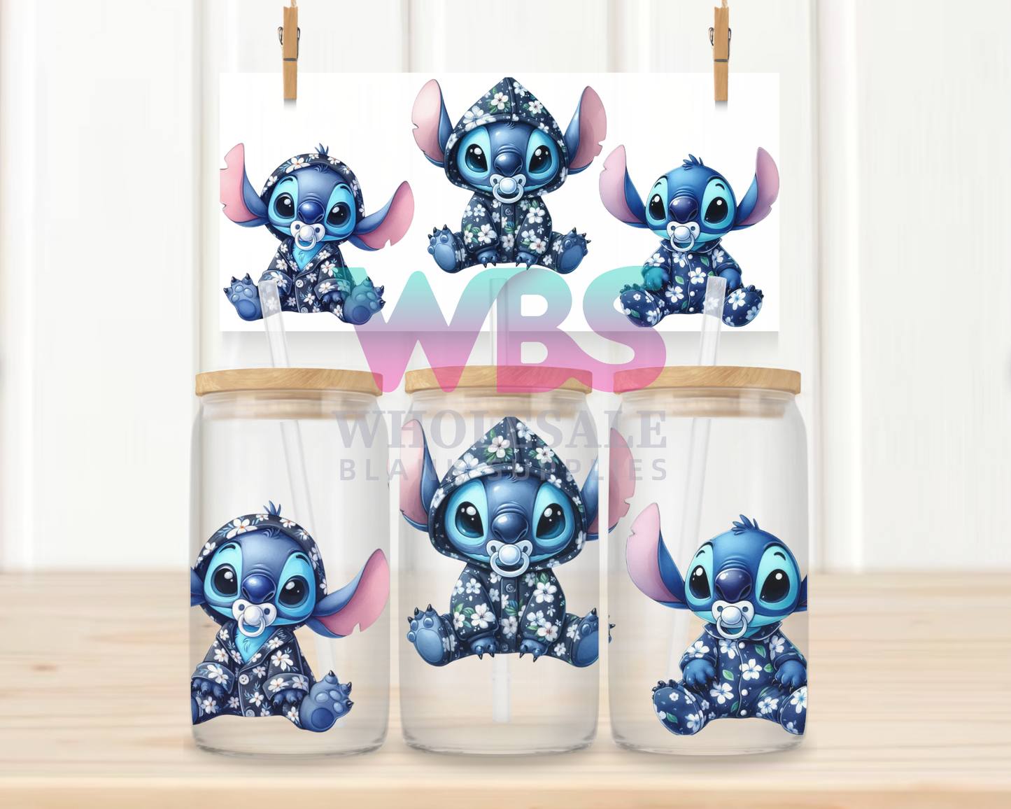 16oz UV DTF Libbey Wrap Stitch Blue Flower Hoody #W76