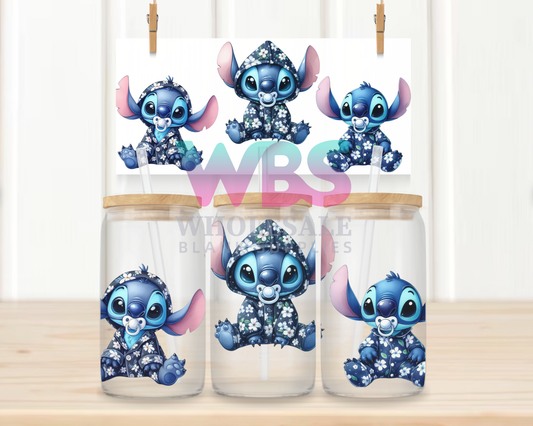 16oz UV DTF Libbey Wrap Stitch Blue Flower Hoody #W76