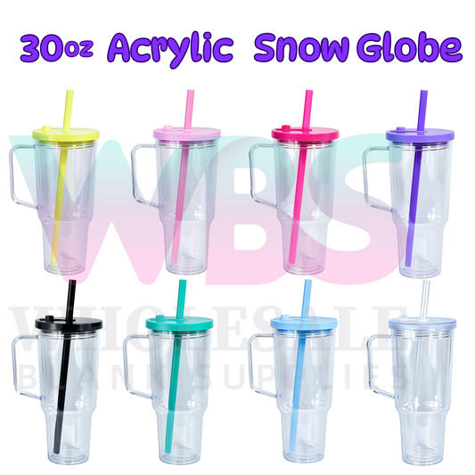 🔥 30oz Acrylic Snow Globe Tumbler Mug Handle  | Flat Colour Lid | Pre-Drilled Craft Blank ( Pre Drill + Plug) COLOUR LID & colour straw PRE ORDER