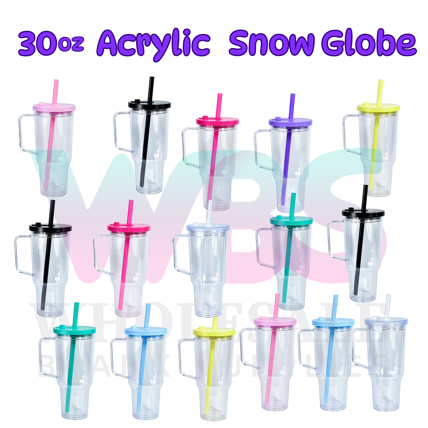 🔥 30oz Acrylic Snow Globe Tumbler Mug Handle  | Flat Colour Lid | Pre-Drilled Craft Blank ( Pre Drill + Plug) COLOUR LID & colour straw PRE ORDER