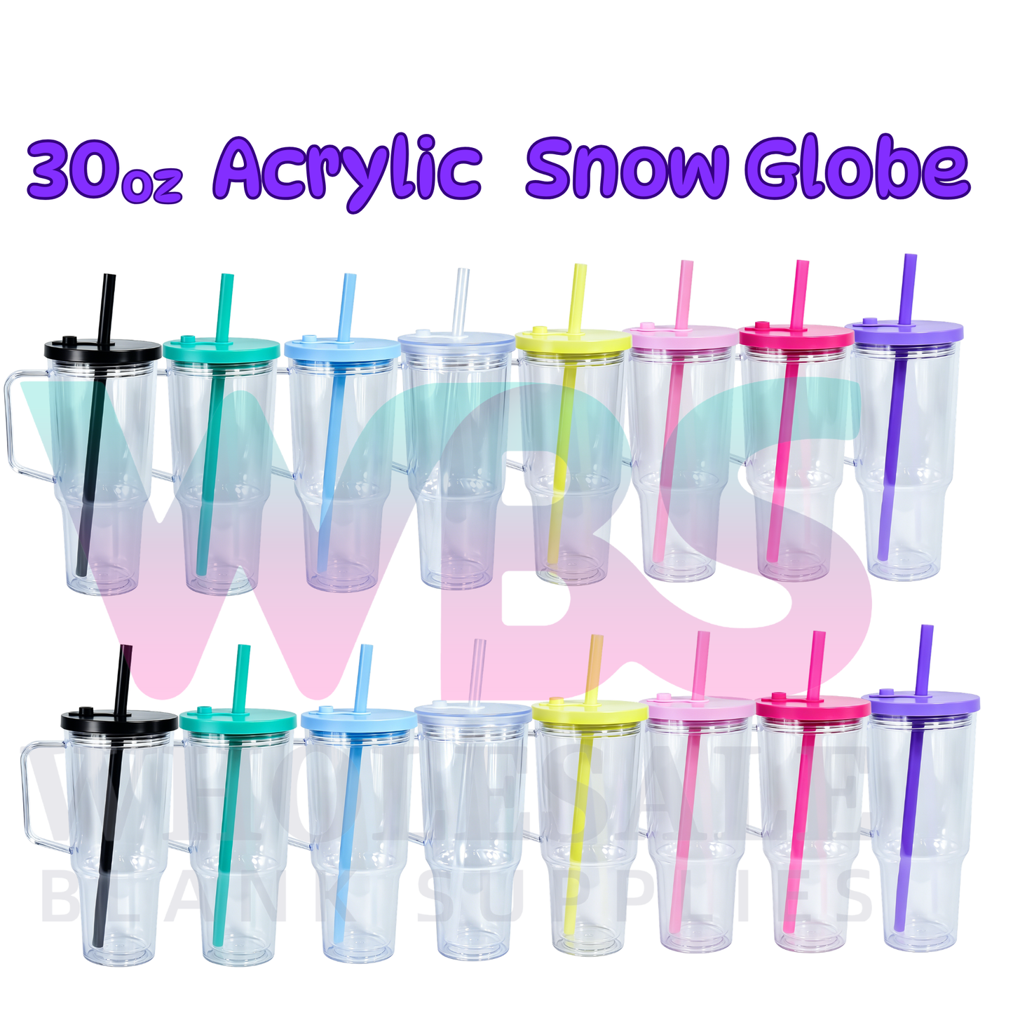 🔥 30oz Acrylic Snow Globe Tumbler Mug Handle  | Flat Colour Lid | Pre-Drilled Craft Blank ( Pre Drill + Plug) COLOUR LID & colour straw PRE ORDER
