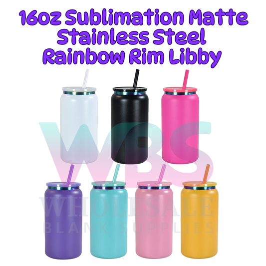 16oz Sublimation Matte Stainless Steel Rainbow Rim Libby | Colour Straw