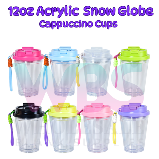 🌈 ACRYLIC 12oz Snow Globe CUPPACINO 💦 Colour Lid  Flip Lid
