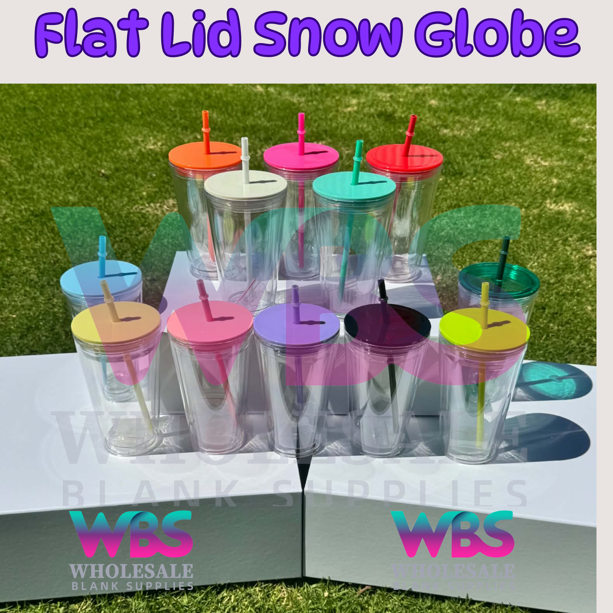 🔥 16oz Stadium Acrylic Snow Globe Tumbler | Flat Colour Lid | Pre-Drilled Craft Blank ( Pre Drill + Plug) COLOUR LID & colour THIN  straw