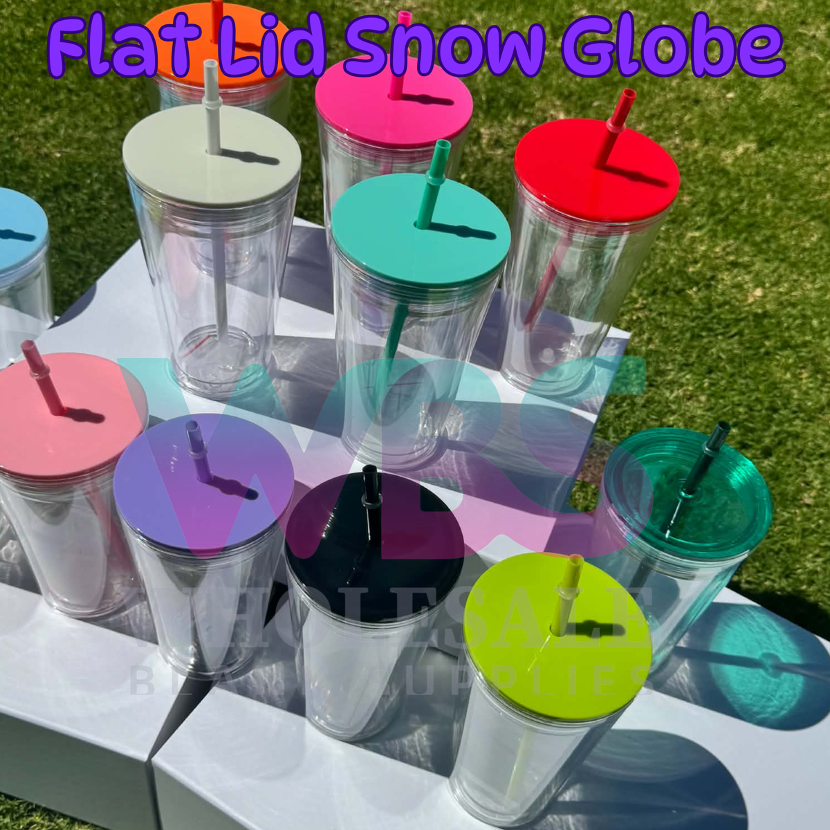 🔥 16oz Stadium Acrylic Snow Globe Tumbler | Flat Colour Lid | Pre-Drilled Craft Blank ( Pre Drill + Plug) COLOUR LID & colour THIN  straw