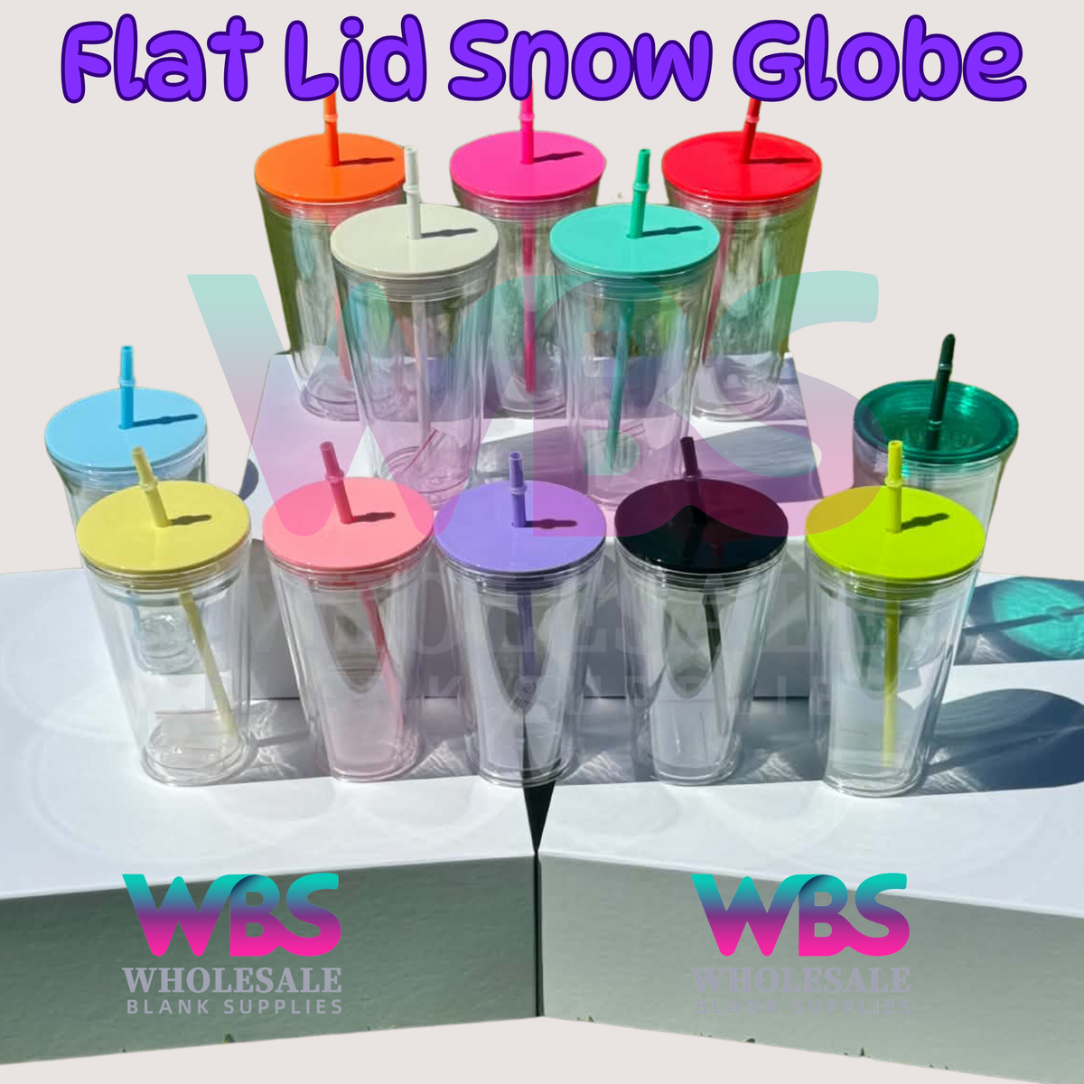 🔥 16oz Stadium Acrylic Snow Globe Tumbler | Flat Colour Lid | Pre-Drilled Craft Blank ( Pre Drill + Plug) COLOUR LID & colour THIN  straw