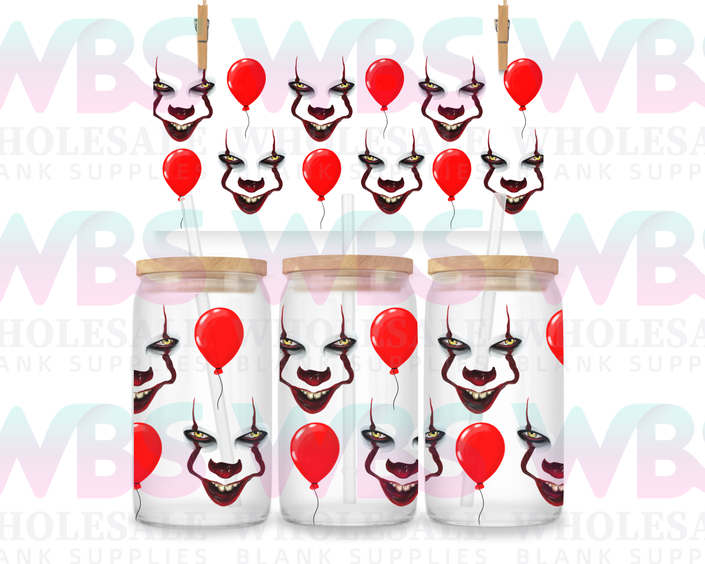 16oz UV DTF Libbey Wrap -  Horror Balloon IT clown horror balloon Georgie come play with me  #476