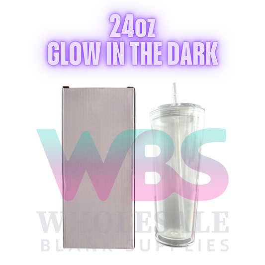 GLOW IN DARK 24oz Acrylic Snow Globe Double Wall Tumbler Screw Flat Lid Straw ( Pre Drill + Plug)