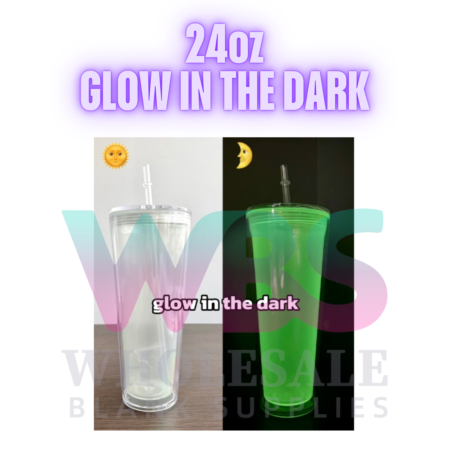 GLOW IN DARK 24oz Acrylic Snow Globe Double Wall Tumbler Screw Flat Lid Straw ( Pre Drill + Plug)